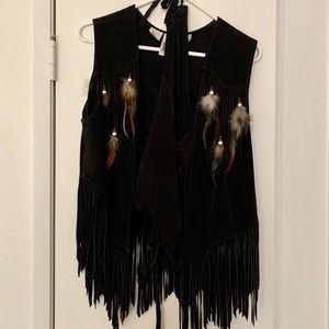 Suede skirt, vest, and halter